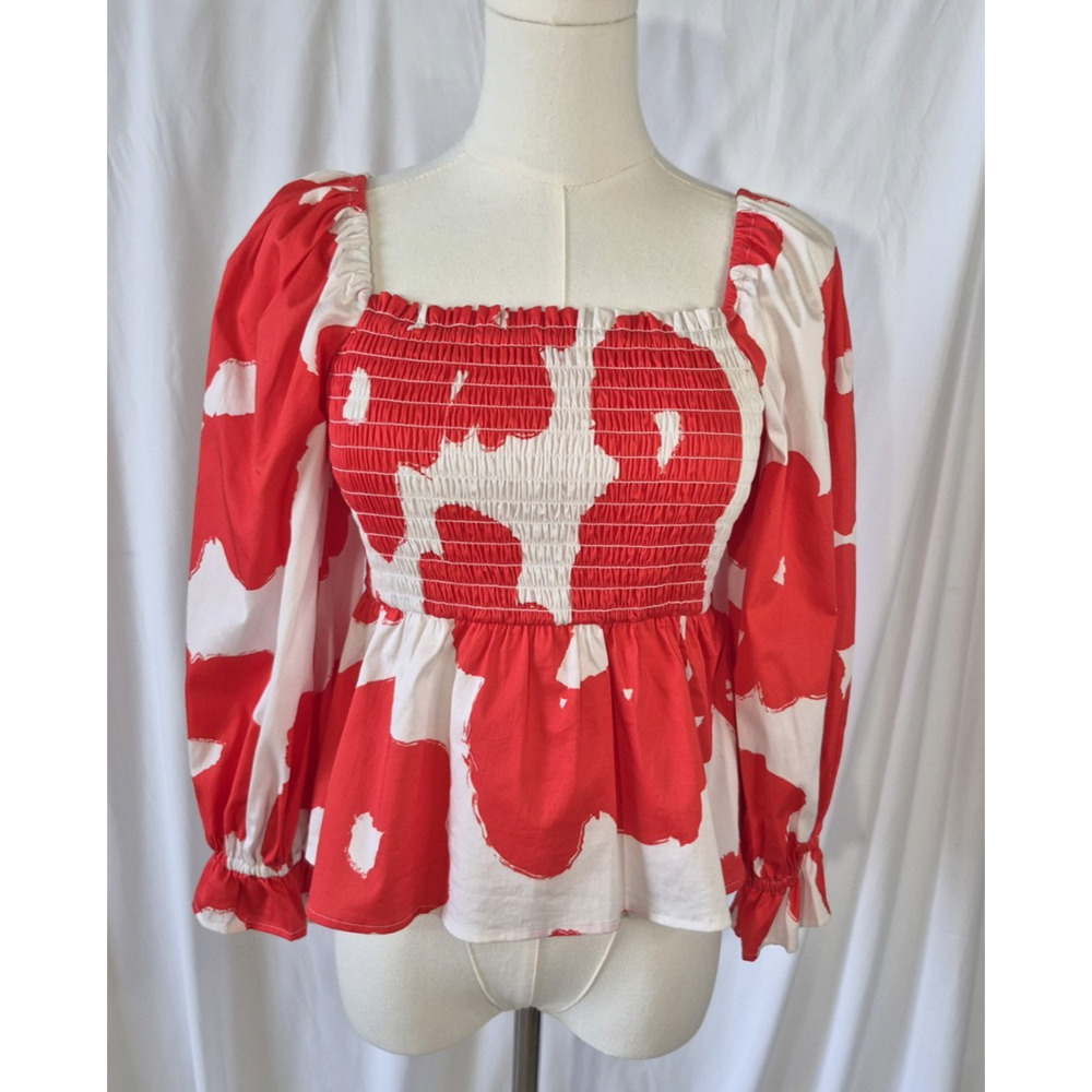 New Crosby By Mollie Burch Womens in Poppy Red Floral Smocked Blouse Top XS
